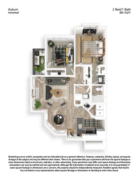 Floor plan for 2 beds, 1 bath, 885 sqft